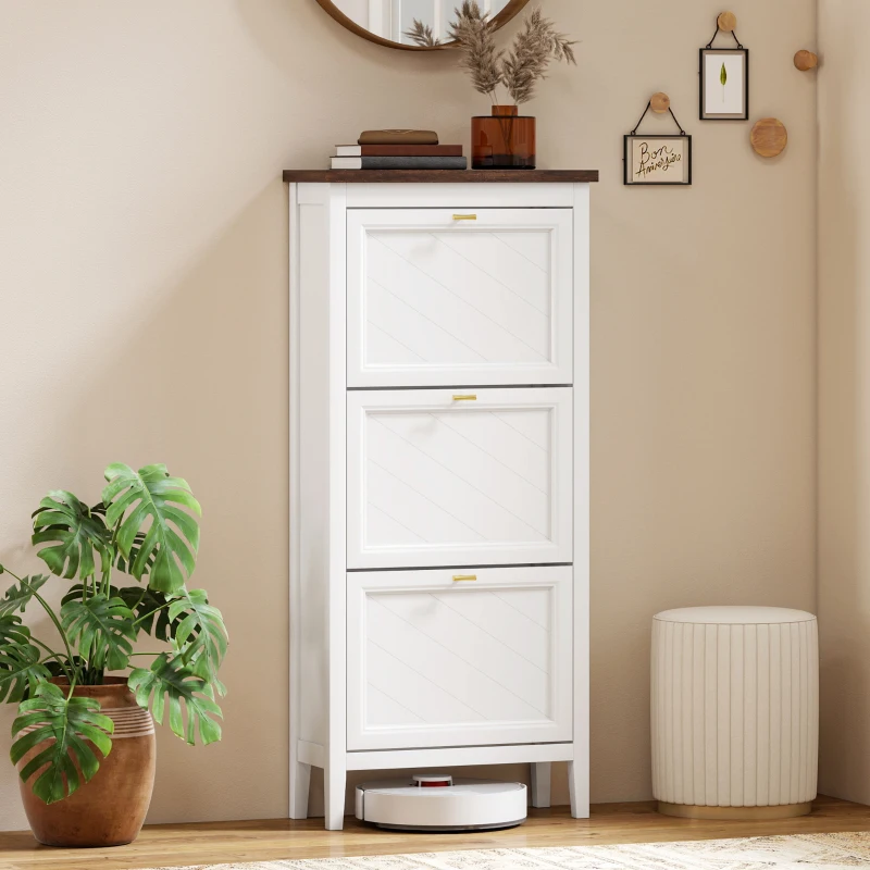 HOMCOM Shoe Cabinet with 3 Flip Drawers, Farmhouse Narrow Shoe Storage Cabinet with Adjustable Shelves, White