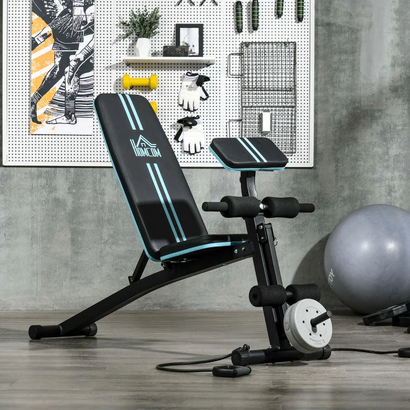 HOMCOM Banco de Musculación Plegable con Respaldo Regulable Extensión de Pierna Cojín de Predicador Banda 160x54x106 cm Negro