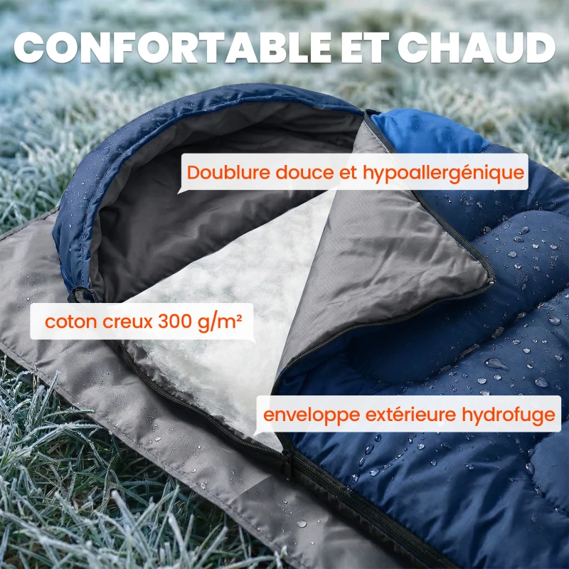 Outsunny Sac de Couchage Adulte, avec Section Tête, Fermeture Éclair et Sac de Rangement, 300 g/m², 215x75x10cm, Bleu Marine