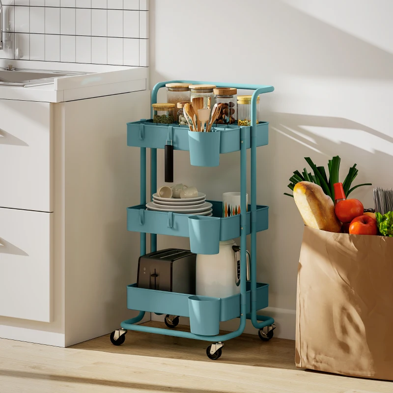 HOMCOM Chariot à 3 niveaux desserte avec 4 crochets et 3 boîtes suspendues amovibles pour 42 x 38 x 86,5 cm bleu-vert