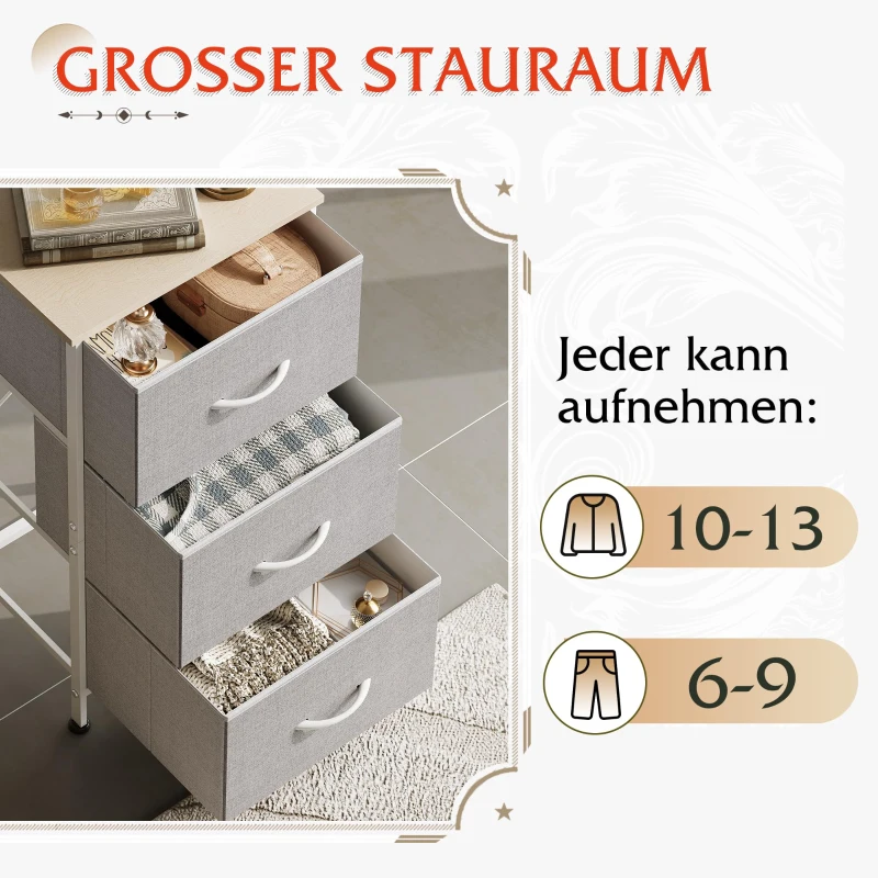 Kommode mit 3 Schubladen, geruchsneutrale Holzplatte, klappbare Stoffschubladen, 39.8x29.8x75.1 cm, Hellgrau