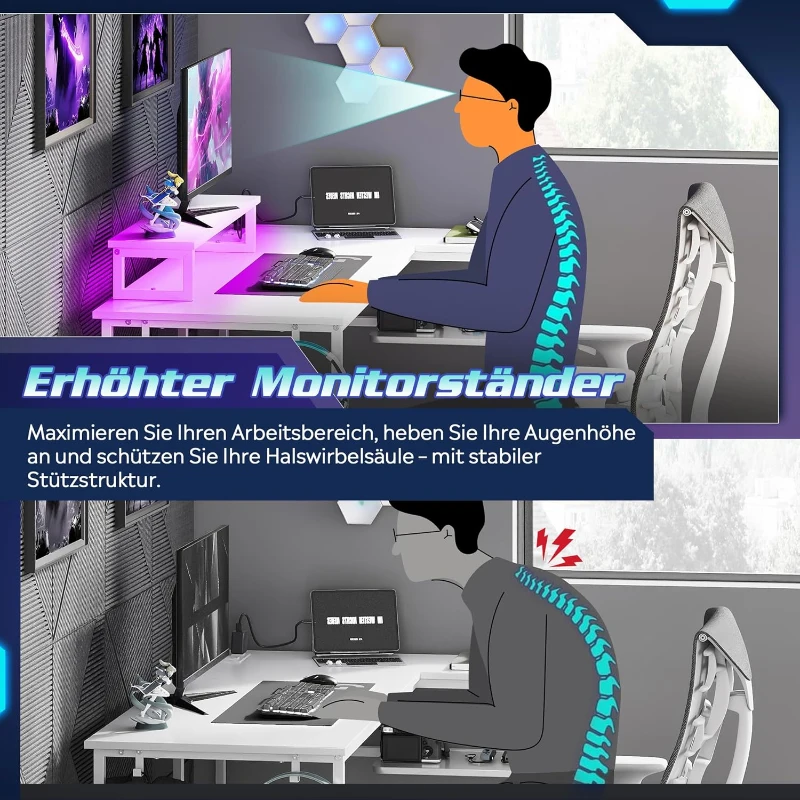 L-förmiger Eckschreibtisch mit RGB-LED, offene Ablagefächer, ergonomischer Monitoraufsatz, 122x80x87.5 cm, Weiß