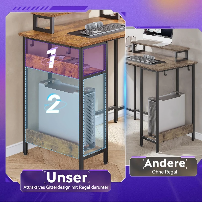 2‑in‑1 Gaming‑Eckschreibtisch, wandelbar zwischen platzsparender L‑Form und langer I‑Form, 140x50x87.5 cm, Braun