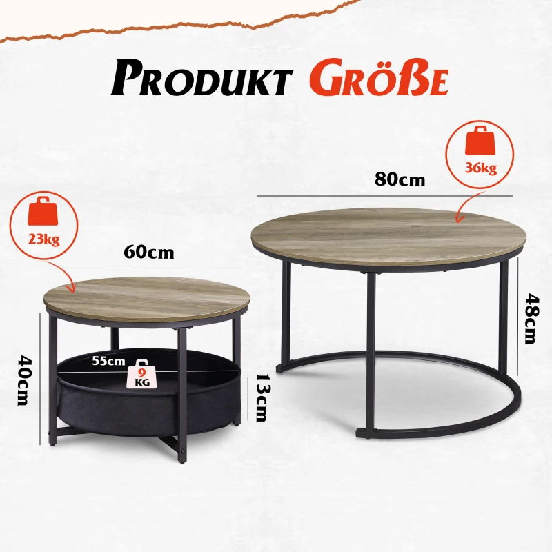 Couchtisch 2er-Set, flexibles 2‑in‑1-Design, modernes Design, 80x80x48.2 cm, Eichenfarbe