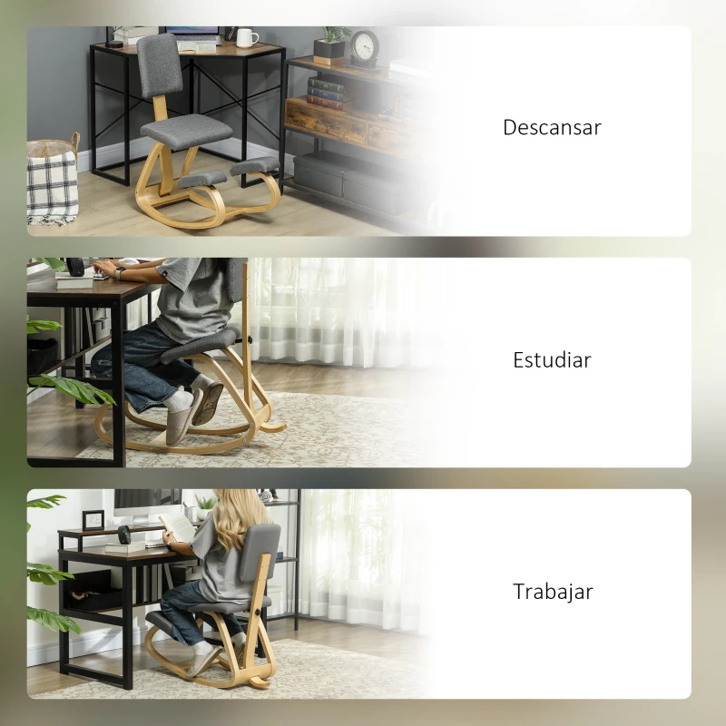 HOMCOM Silla Ergonómica de Rodillas con Respaldo Cojines Acolchados Marco de Madera para una Mejor Postura Oficina Gris