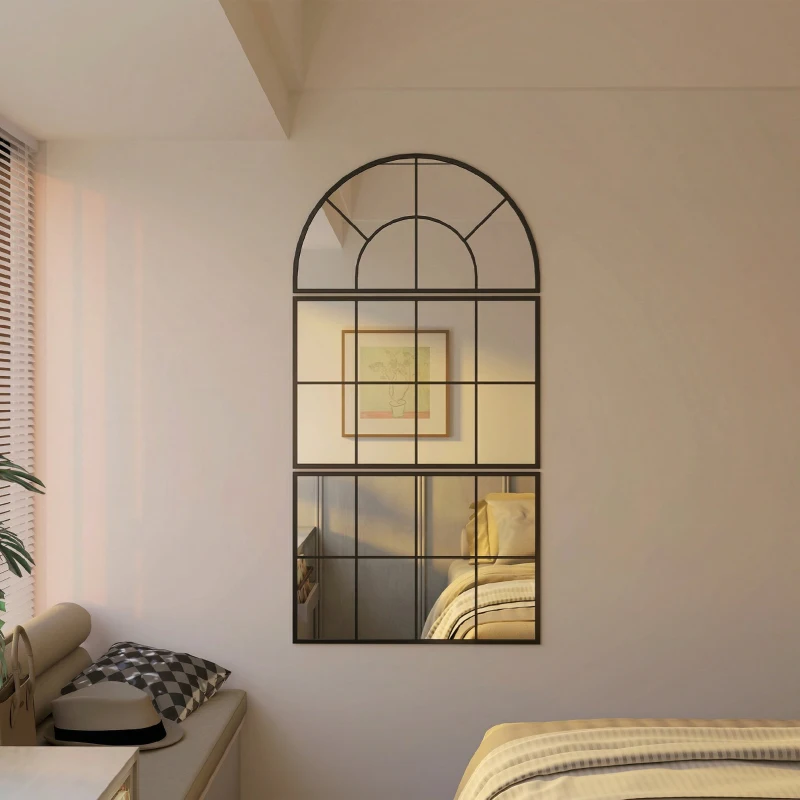 HOMCOM Espelho de Parede 76x149 cm 3 Peças Espelho de Entrada com Moldura de Metal em Forma de Janela para Sala Preto
