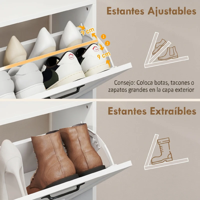 HOMCOM Mueble para Zapatos 4 Cajones Abatibles Ahorraespacio con Estantes Regulables Blanco