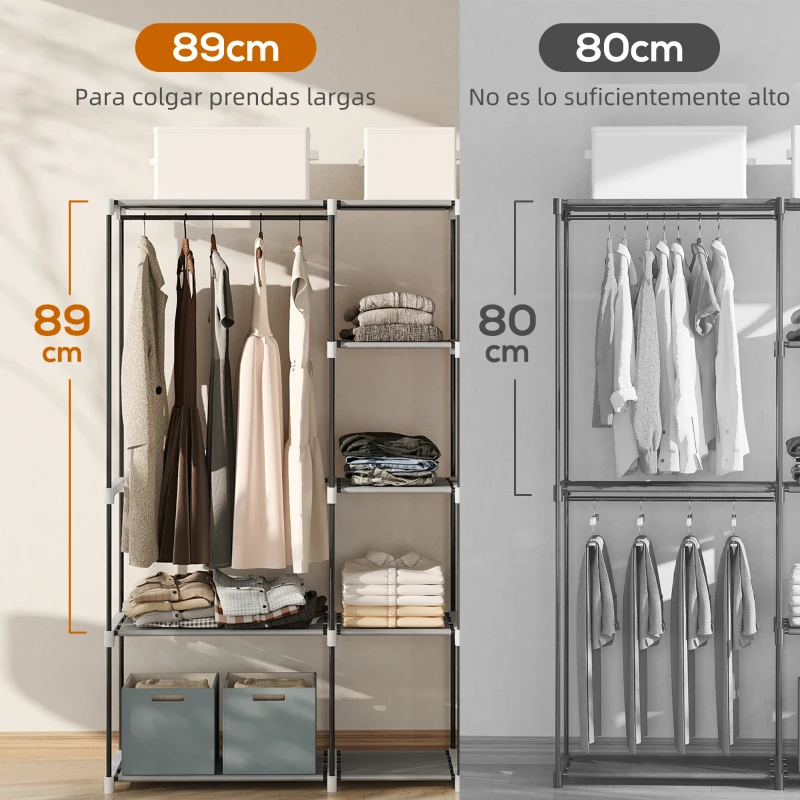HOMCOM Armario de Ropa 182x43x185 cm Armario Abierto con 8 Estantes de Tela Barras para Colgar Marco de Metal Gris Claro