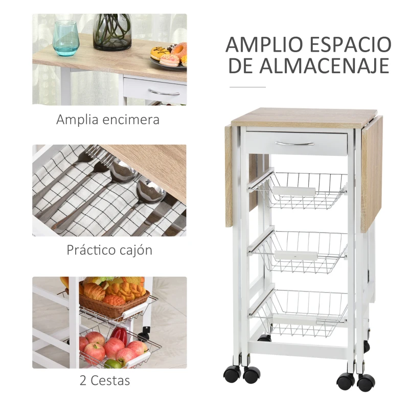 HOMCOM Carrito Auxiliar Plegable Carrito de Cocina con 6 Ruedas 1 Cajón y 3 Cesta de Metal 97,2x37x77,5 cm Blanco y Roble