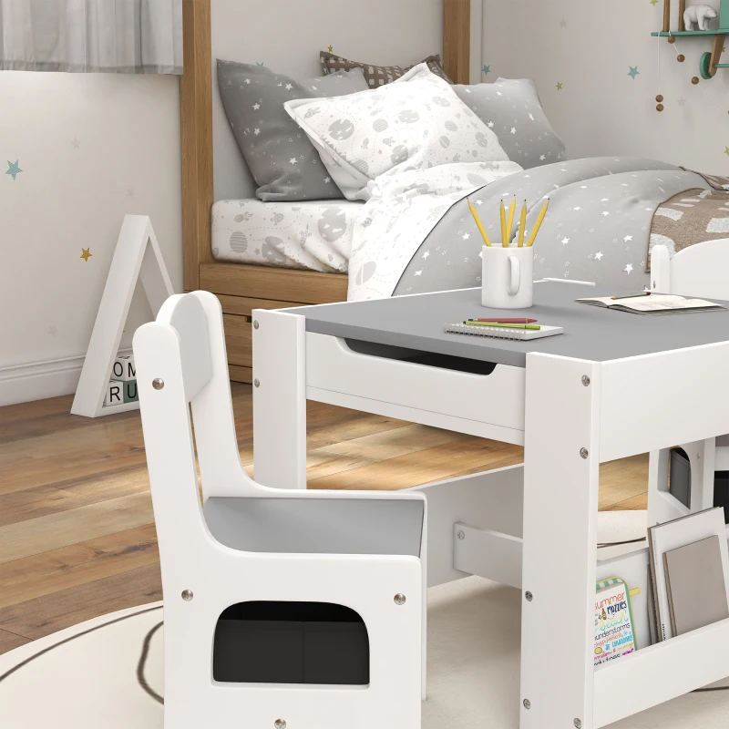 HOMCOM Juego de Mesa con Sillas para Niños 3 en 1 con Pizarra Cajones de Tela y Espacio de Almacenamiento Blanco y Gris
