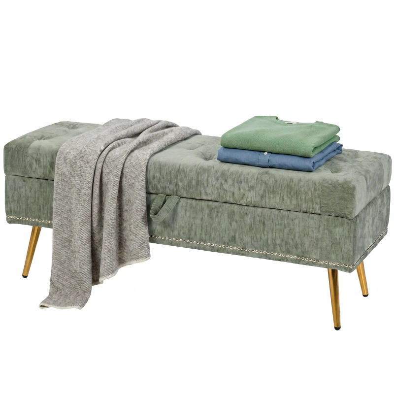 HOMCOM Storage Ottoman, Chenille Upholstered Ottoman Storage Box with Padded Seat, Metal Legs, 114 x 41 x 45 cm, Light Green
