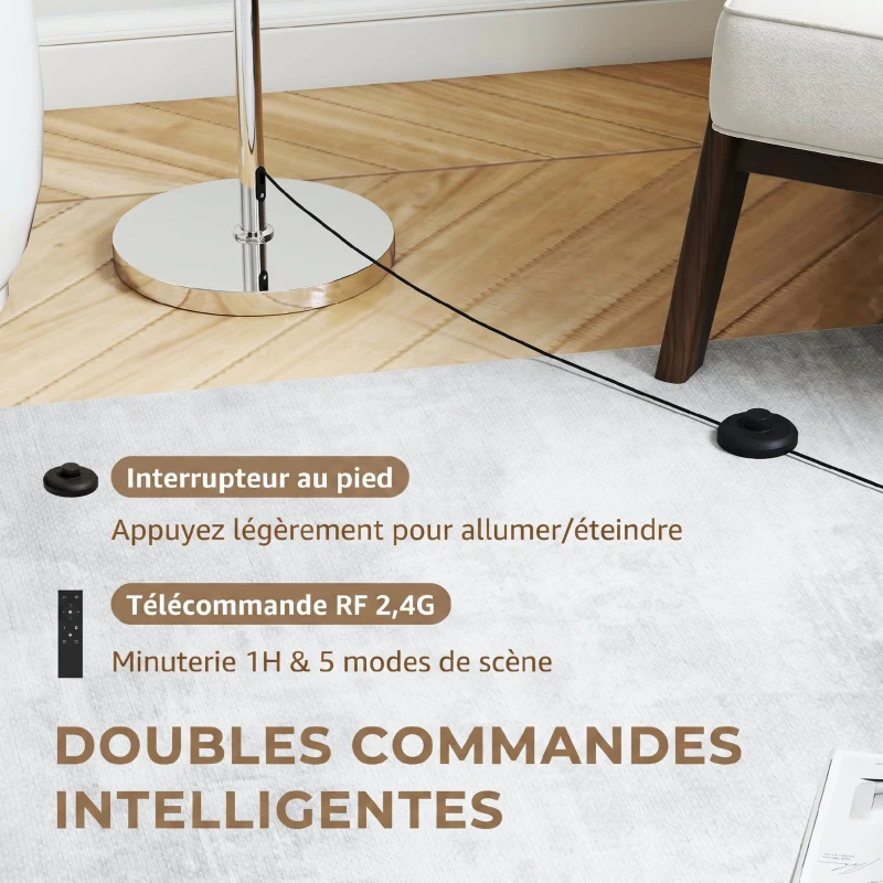 HOMCOM Lampadaire sur pied salon, lampe sur pied dimmable avec télécommande, abat-jour en lin, hauteur réglable 133-168cm, argent