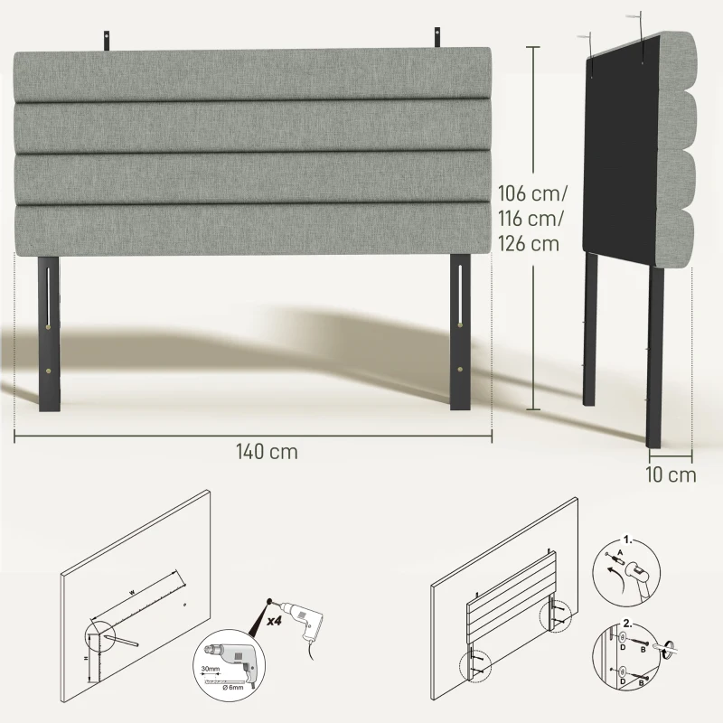 HOMCOM Cabeceira de Cama 140 cm Altura Ajustável em 3 Níveis 106/116/126 cm Estofada em Linho Cinza
