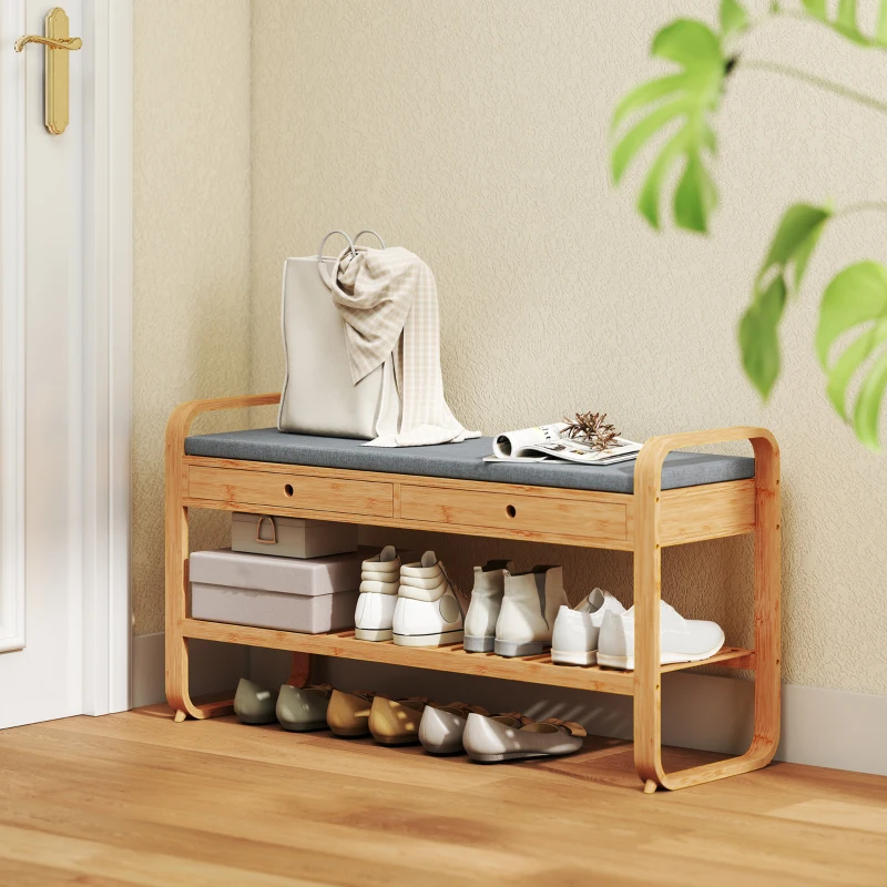 HOMCOM Shoe Bench with 2 Drawers Cushioned Seat Shoe Storage Bench for Hallway 105 cm Natural and Grey