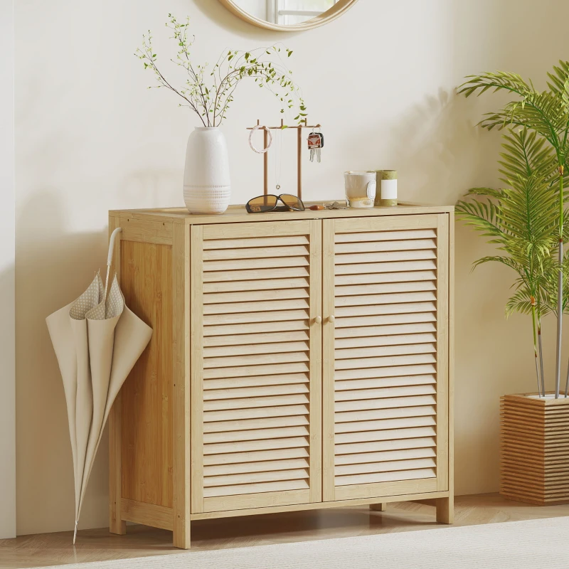 HOMCOM Bamboo Shoe Cabinet with Louvered Doors, 14 Pairs Shoe Storage Cabinet with Adjustable Shelves for Hallway, Natural