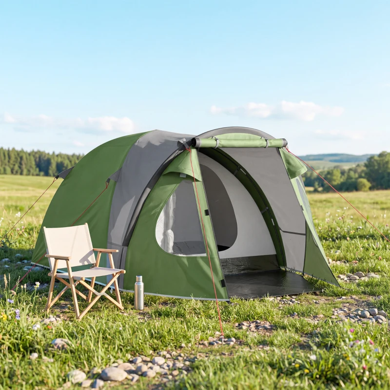 Outsunny Tente de Camping pour 4 Personnes, 2 Chambres, Fenêtres et Portes, Tapis de Sol, Crochet au Plafond, 323x248x150cm, Vert