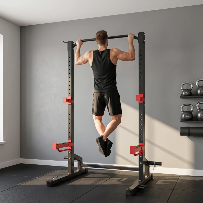 SPORTNOW Power Tower Multifonction Charge 500 kg, Barre de Traction, Rack de Squat, Supports pour Disques, 157x105x205cm, Rouge