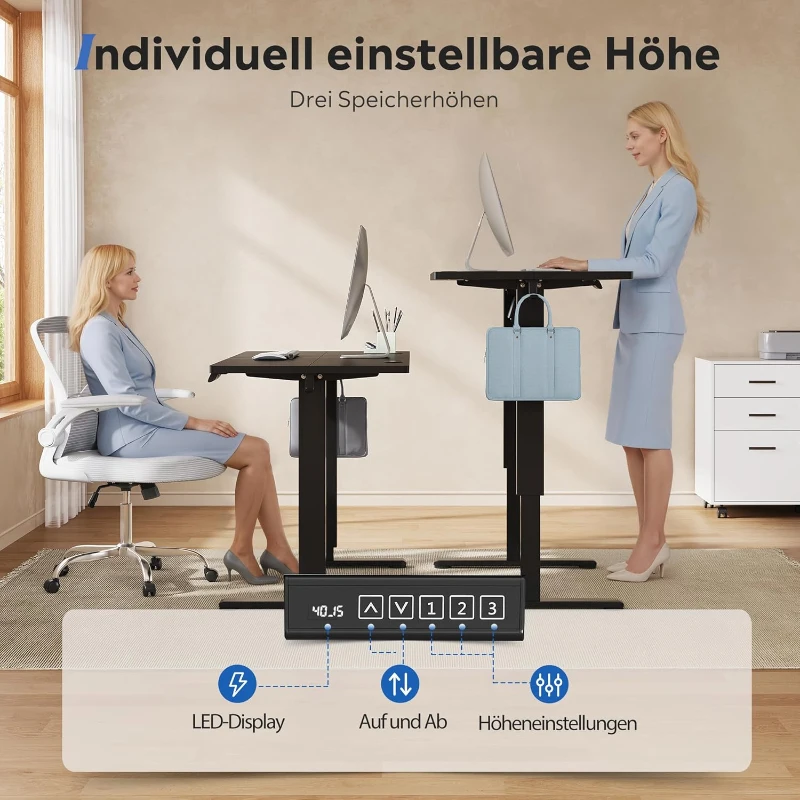 Elektrisch höhenverstellbarer Schreibtisch, leiser Motor mit 3‑fach Memory und Anti‑Kollisionssystem, 120 × 60 cm, 120x60x72-118 cm, Schwarz