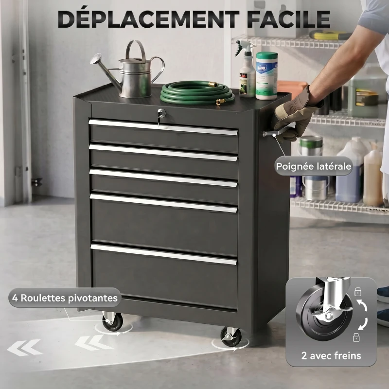 HOMCOM Chariot à outils sur roulettes, Servante d'atelier en acier 5 tiroirs verrouillable 2 clés, 61,5 x 33 x 82,5 cm, noir
