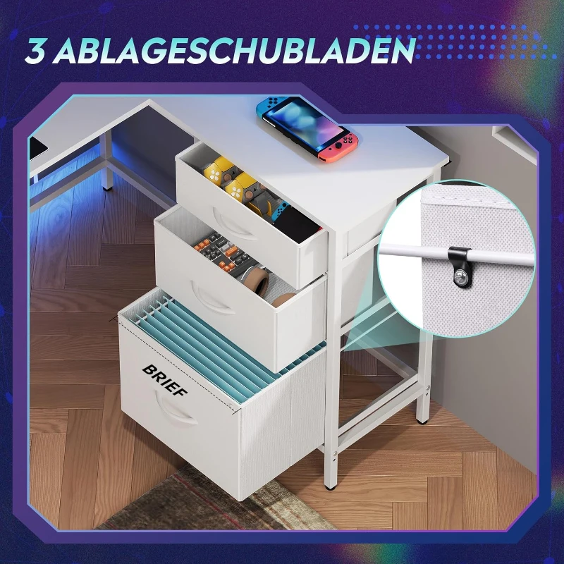 L-förmiger Eckschreibtisch, app‑steuerbare LED und integrierte Stromstation, 167.5x50x87.5 cm, Weiß