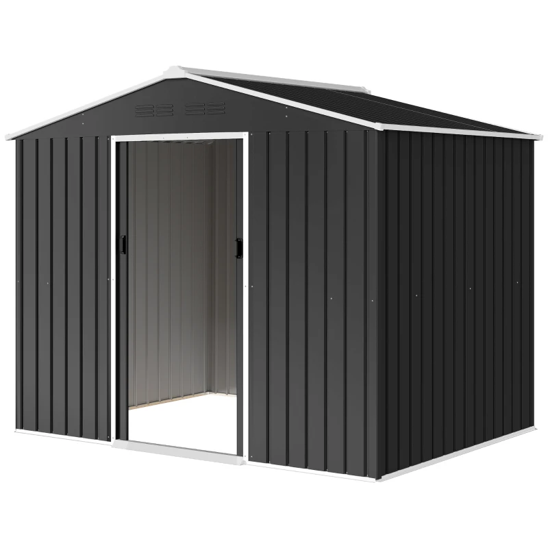 Outsunny Casetta da Giardino 2.3x1.7 m in Acciaio con Prese d'Aria e Doppia Porta Scorrevole, Grigio Scuro