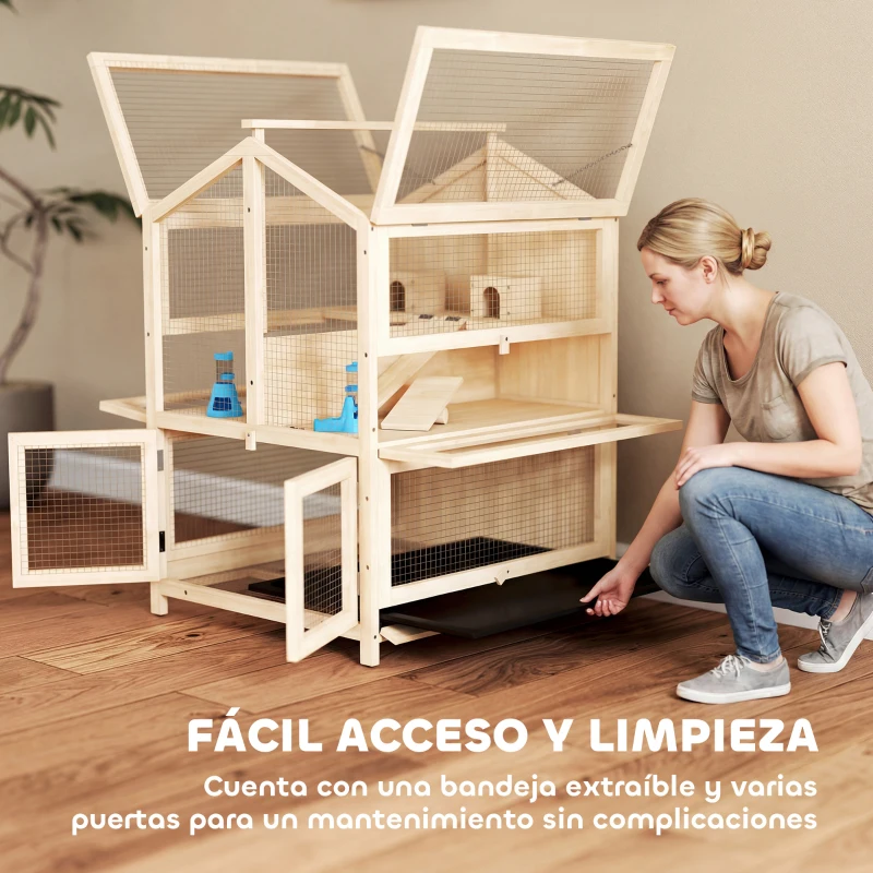 PawHut Jaula para Hámster de Madera de 3 Niveles con Bebederos Casetas Balancines Bandeja Extraíble y Tapas Abatibles Natural