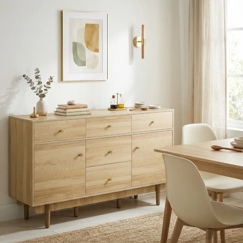 HOMCOM Sideboard with 5 Drawers and 2 Cabinets Buffet Cabinet with Solid Wood Legs 136 cm Walnut