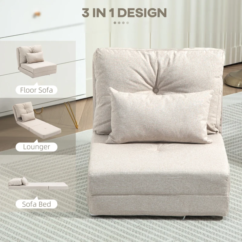 HOMCOM Divano Letto Futon Pieghevole 3 in 1 con 2 Cuscini Lavabile, Reclinabile 5 Posizioni in Lino, Beige