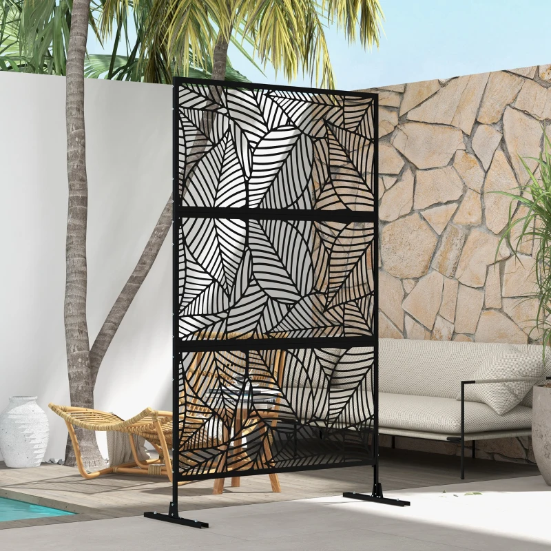 Outsunny Biombo de 3 Painéis 122x198 cm Biombo Separador de Ambientes com Suporte Design de Folhas Grandes Preto