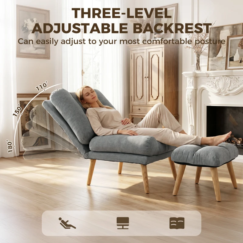 HOMCOM Recliner Chair with Footstool, Recliner Armchair with Adjustable Backrest, Thick Cushion and Wooden Legs, Grey