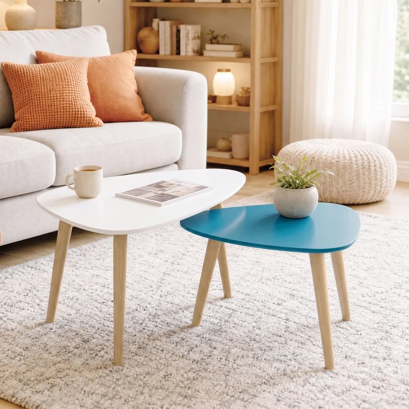 HOMCOM Lote de 2 Mesas Nido Diseño Escandinavo Patas de Madera y Tablero de Madera Blanco y Azul