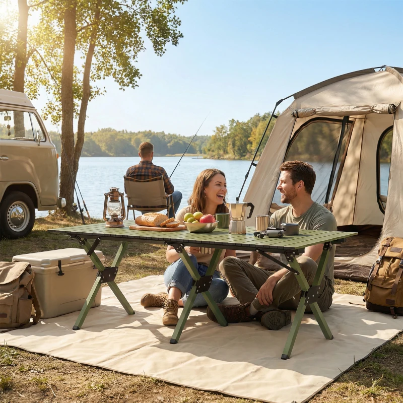 Outsunny 4ft Folding Camping Table, Waterproof Picnic Table with Roll Up Top, Carrying Bag and Metal Frame, Green
