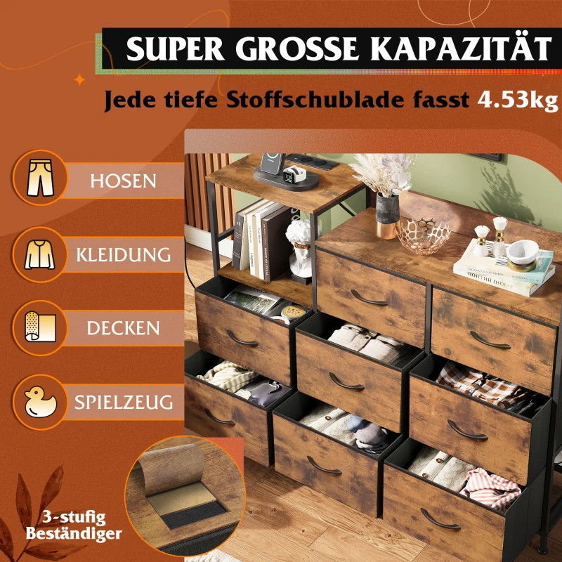 Kommode mit 8 Schubladen, kippsicher und verstellbare Füße, 119.5x29.8x86.1 cm, Rustikales Braun