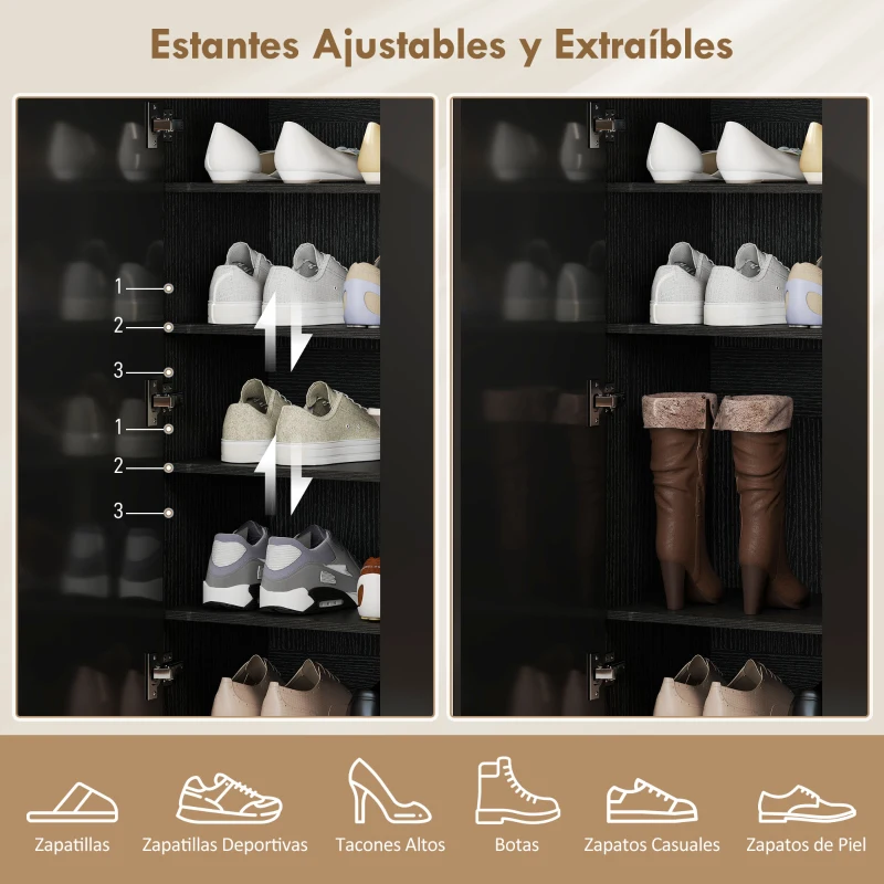 HOMCOM Zapatero Entrada Recibidor con 2 Puertas con Cierre Suave y Estantes Ajustables para 20 Pares de Zapatos Negro Brillo