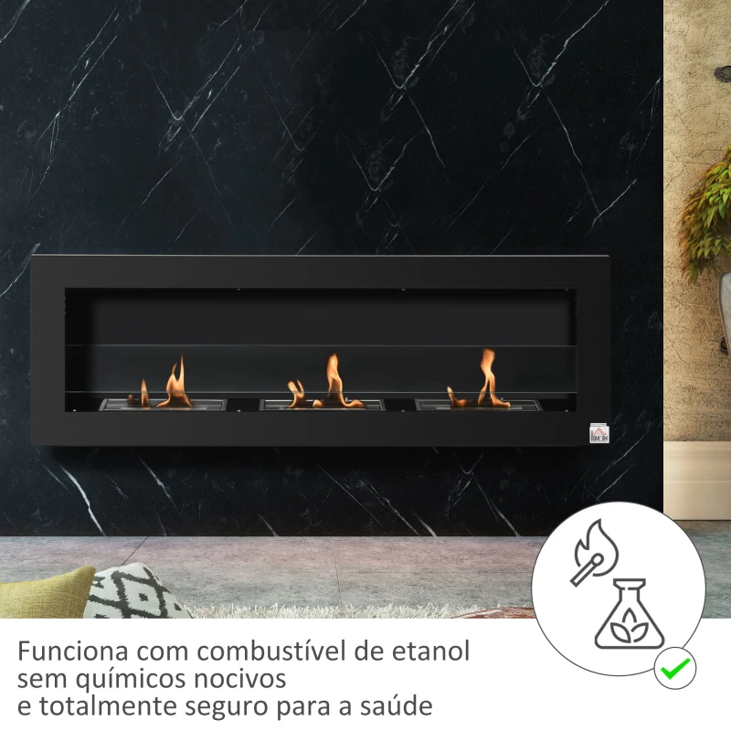 HOMCOM Lareira de Bioetanol de Parede com Depósito de 1 L Tempo de Combustão 3H para Interiores 20 m² 120x15x40 cm Preto