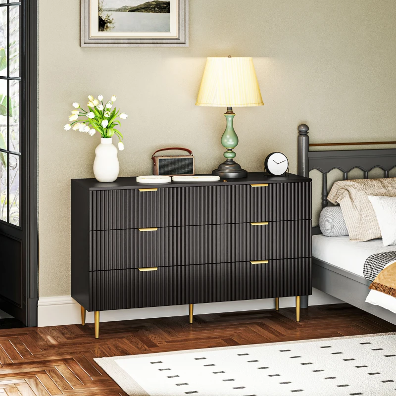 HOMCOM Cassettiera 6 Cassetti Moderna con Maniglie Dorate, 120x40x76.5cm, Nero