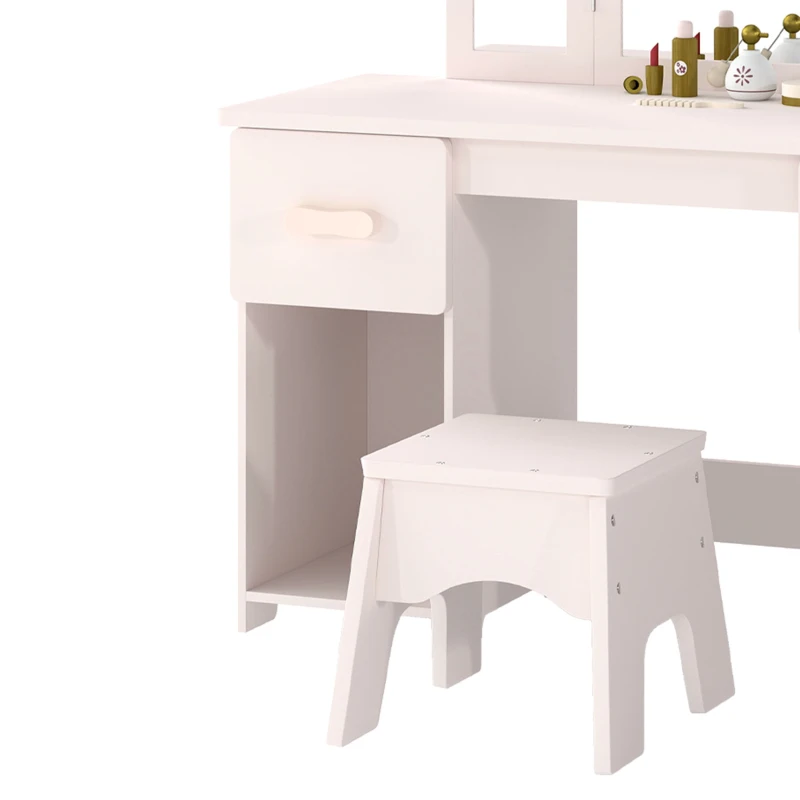 AIYAPLAY Tocador de Maquillaje Niñas con Taburete 3 Espejos Desmontables 2 Cajones 2 Armarios 7 Accesorios para +3 Años Rosa