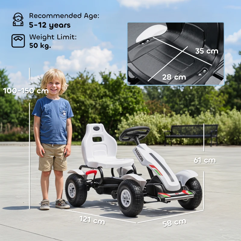 HOMCOM Pedal Go Kart, Kids Ride On Racer with Adjustable Seat, Inflatable Rubber Tyres, Handbrake for Ages 5-12 Years - White