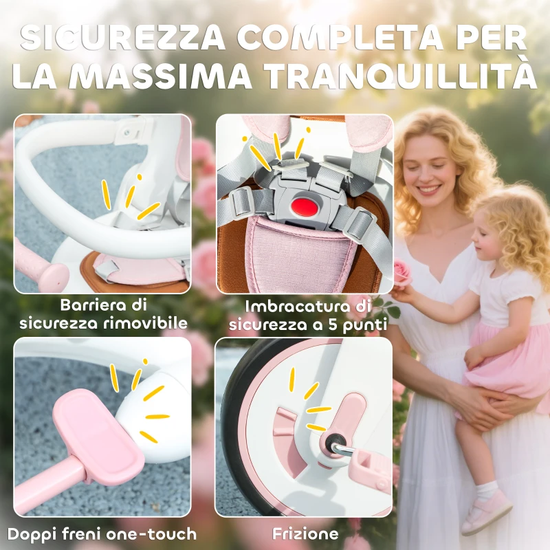 AIYAPLAY Triciclo per Bambini 5 in 1 con Maniglione di Spinta e Copertura Rimovibile, 96.5x49x101 cm, Rosa