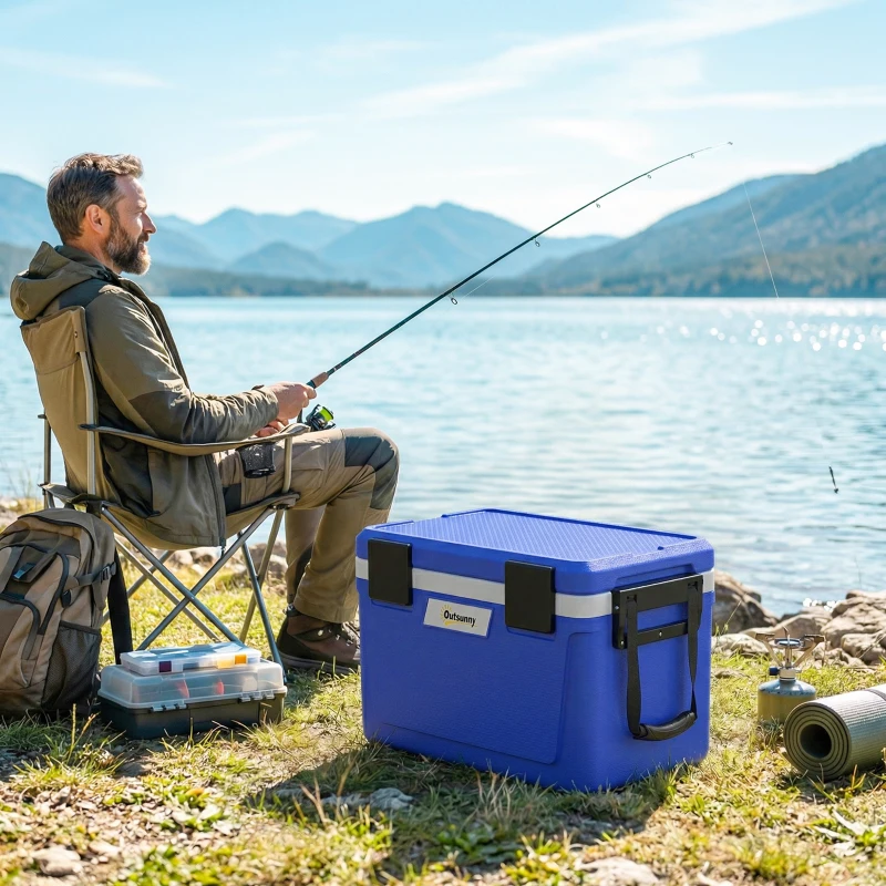 Outsunny 42.6L Insulated Cool Box, Lightweight Portable Ice Cooler with Handle, Lid and Drain Valve, Dark Blue