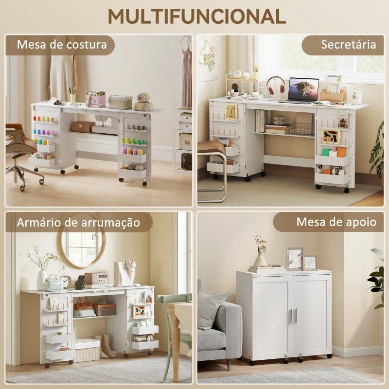 HOMCOM Mesa de Costura Dobrável com 6 Rodas Móvel para Máquina de Costura com 20 Pinos para Fios 4 Compartimentos 160x40x81,5 cm Branco
