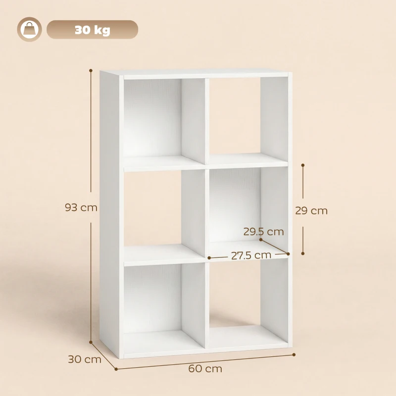HOMCOM Industrial Style Storage Shelf, Bookcase, Bookshelf with 6 Compartments, for Living Room, Home Study, White Wood Effect