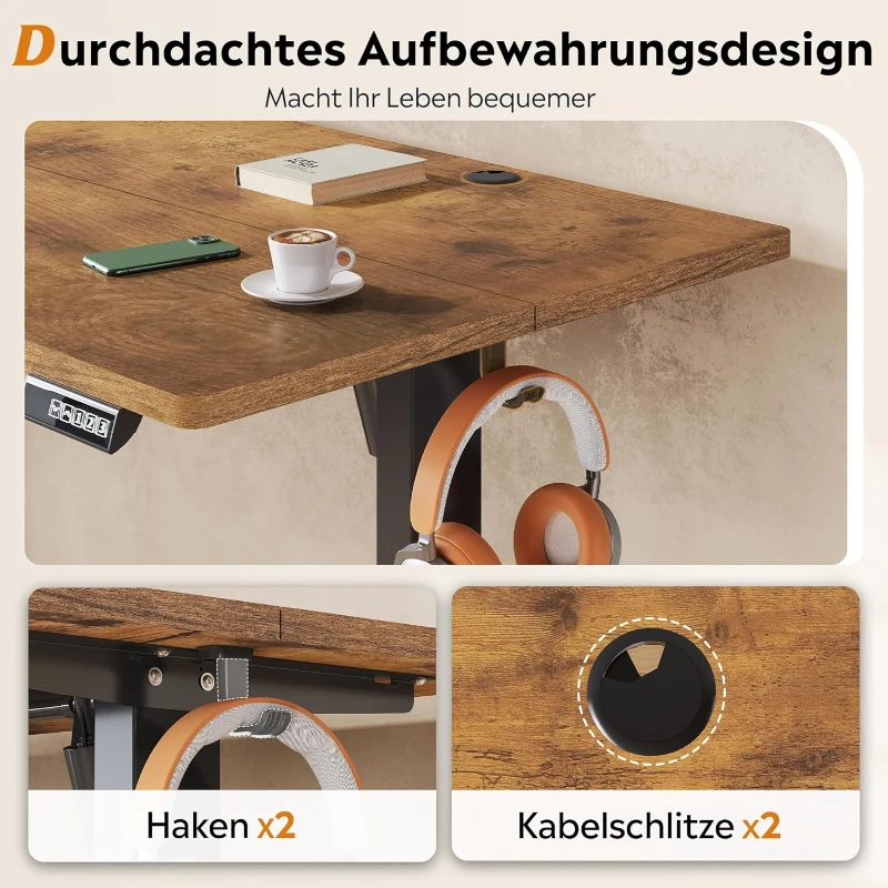 Elektrisch höhenverstellbarer Schreibtisch, leiser Motor mit 3‑fach Memory und Anti‑Kollisionssystem, 120 × 60 cm, 120x60x72-120 cm, Braun