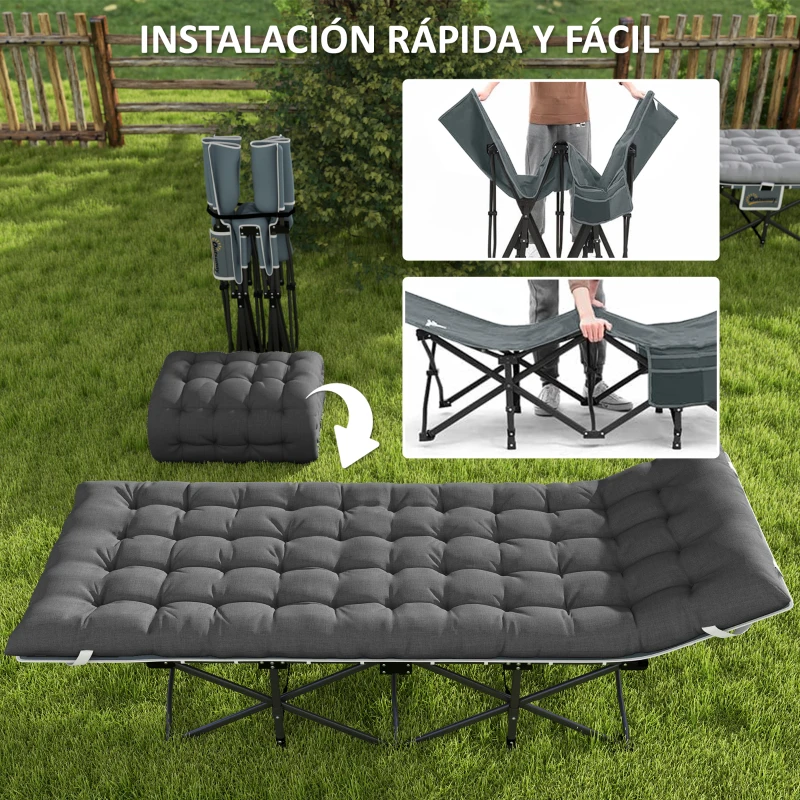 Outsunny Cama de Camping Plegable con Colchón Extraíble Reposacabezas y Bolsa de Transporte 186x68x37 cm Gris Oscuro