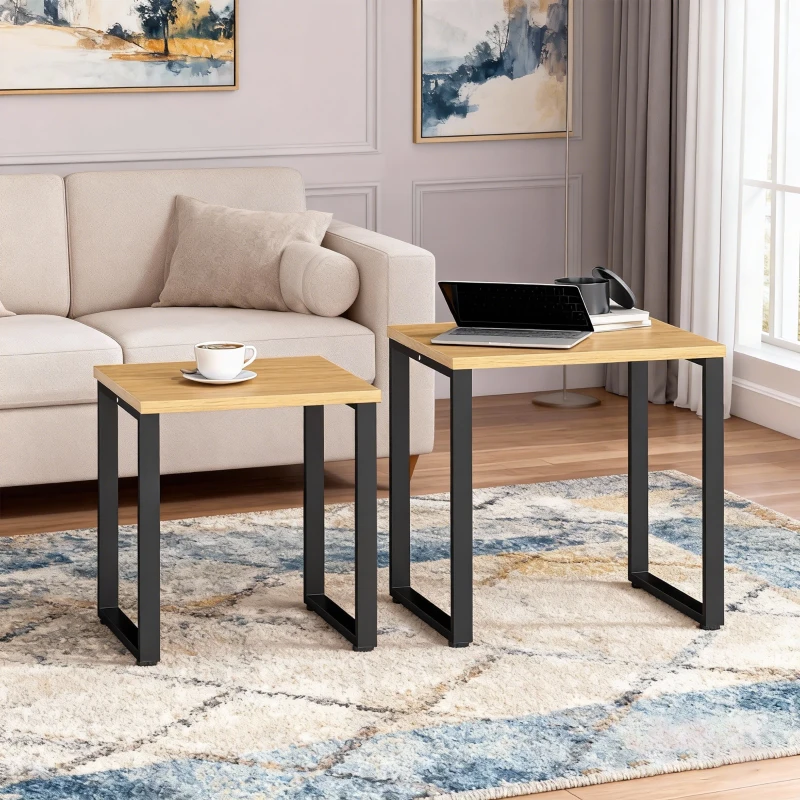 HOMCOM Salontafel set (2-delig) woonkamerstafel met metalen frame voor woonkamer Natuur