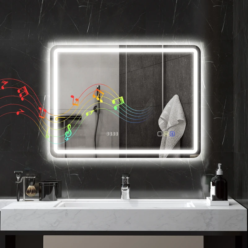 HOMCOM Miroir salle de bain Bluetooth avec éclairage LED 60 x 80 cm, miroir lumineux mural avec horloge, antibuée, argenté