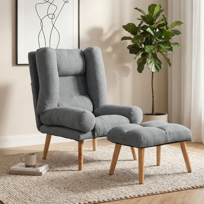 HOMCOM Recliner Chair with Footstool, Recliner Armchair with Adjustable Backrest, Thick Cushion and Wooden Legs, Grey