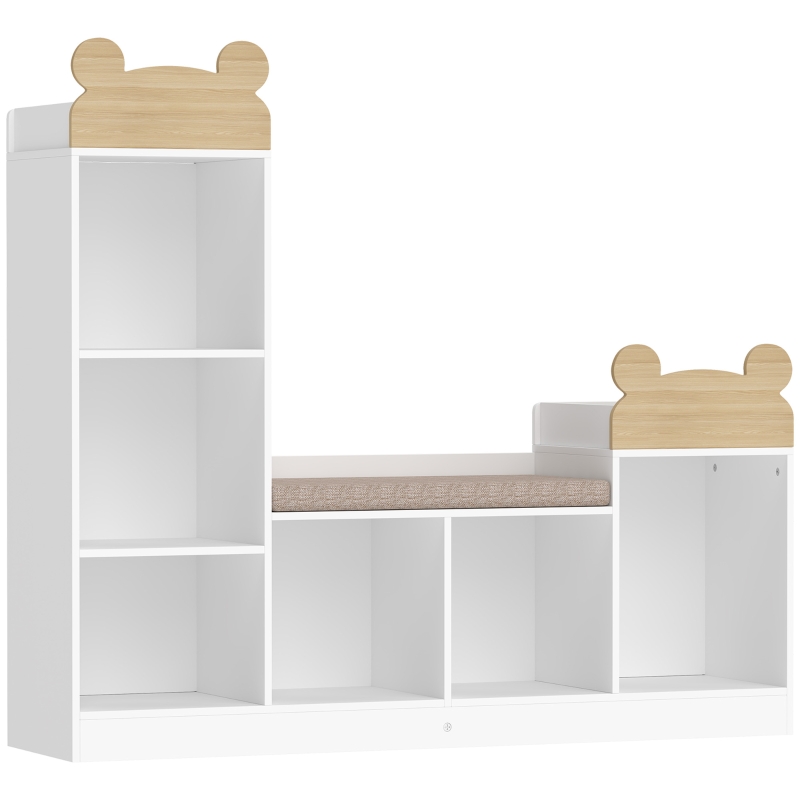 AIYAPLAY Librería Infantil, Mueble de Almacenamiento Infantil 3 en 1 con Banco, 6 Compartimentos, 2 Estantes, Cojín de Asiento, Blanco