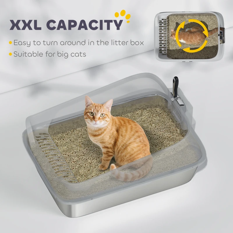 PawHut Lettiera per Gatti XXL in Acciaio Inox con Paletta, Lati Alti, Antiperdita, Antiodore, Fino a 12 kg, Grigio