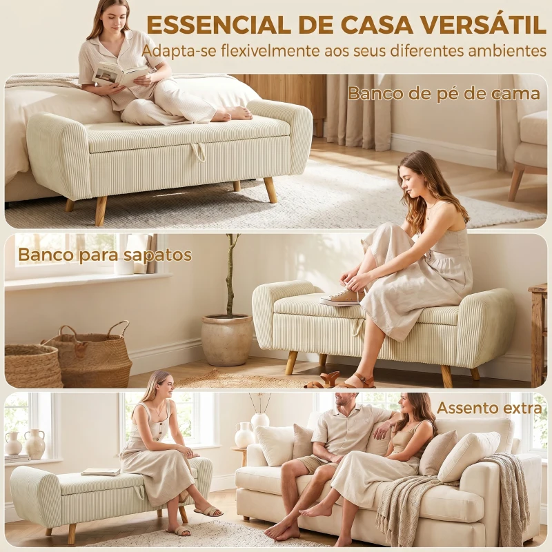 HOMCOM Banco de Arrumação 150 cm Estofado em Veludo Banco de Fundo de Cama com Braços Arredondados e Pés de Madeira Bege